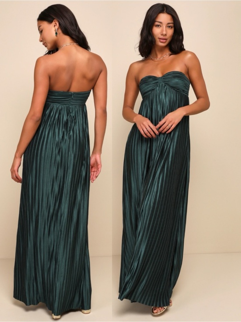 NWOT Lulu’s Whimsical Beauty Emerald Green Satin Plisse Strapless Maxi Dress